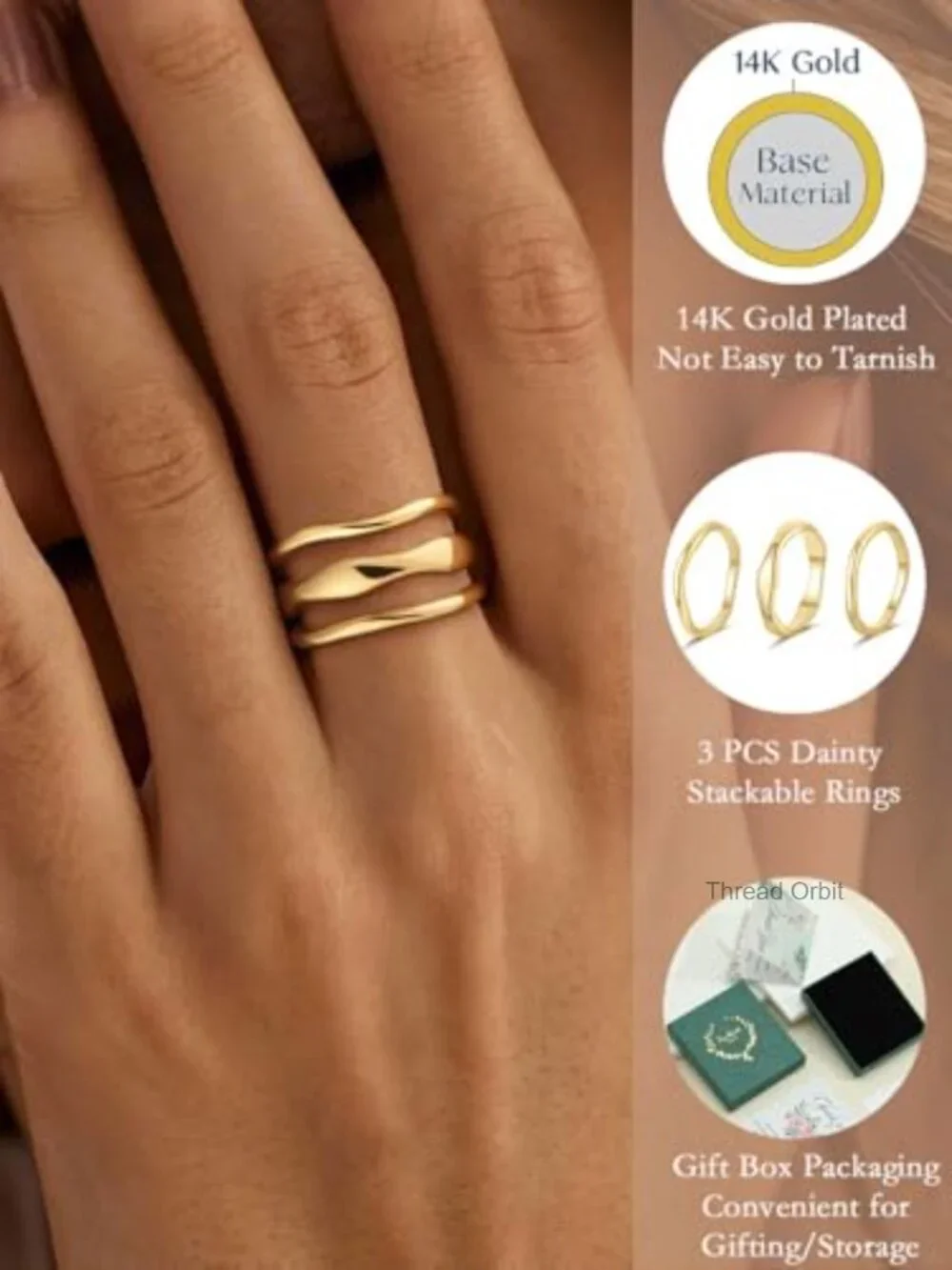 14K Gold Plated Stacking Ring Set Wavy Band Rings for Women Size 6-10